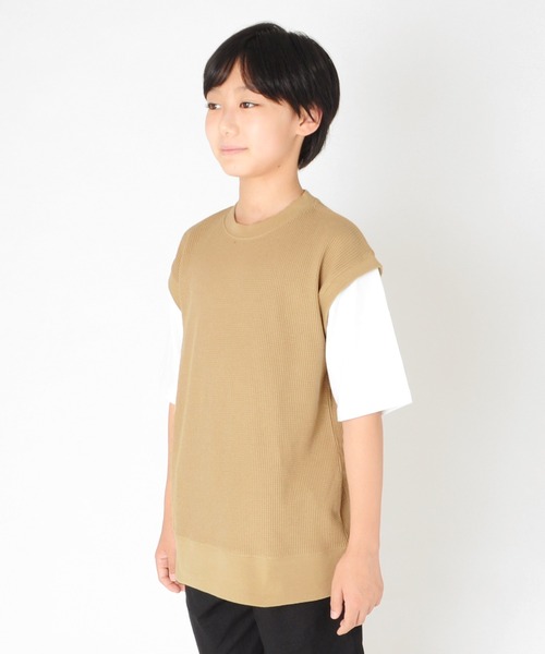 GLAZOS（グラソス）の「ワッフル・フェイクレイヤード５分袖Tシャツ（Tシャツ/カットソー・キッズ・ベージュ/ネイビー/ブラック・140cm/170cm/150cm/130cm/160cm）」の5枚目の写真