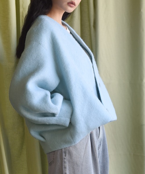 Alley by w closet（アリーバイダブルクローゼット）の「【Alley】スライバーVネックショートジャケット（ノーカラージャケット・レディース・ピンク/ミント/サックスブルー・FREE）」の5枚目の写真