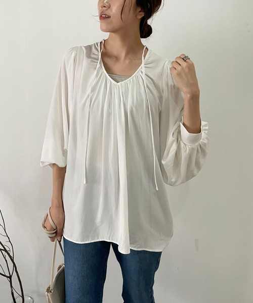 CAPRICIEUX LE'MAGE（カプリシューレマージュ）の「テンセル2WAYパフシャツ（シャツ/ブラウス・レディース・ホワイト/ブラック/グレイッシュベージュ・FREE）」の20枚目の写真