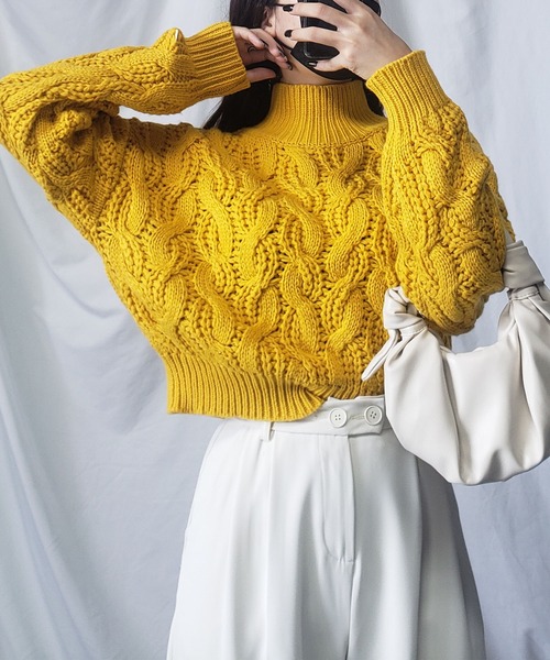 me+em select（ミームセレクト）の「※※【 新色追加／１１色展開 】やわらかローゲージハイネッククロップドニット（ニット/セーター・レディース・ブラック/モカ/ホワイト/ベージュ/オレンジ/ブルー/グリーン/ブラウン/イエロー/ピンク/ダークブルー・FREE）」の9枚目の写真