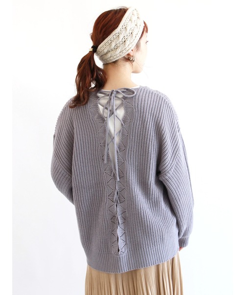 ehka sopo（エヘカソポ）の「バックレースアップニット（ニット/セーター・レディース・グリーン/オフホワイト/ブラック/ラベンダー・ﾌﾘ-）」の4枚目の写真