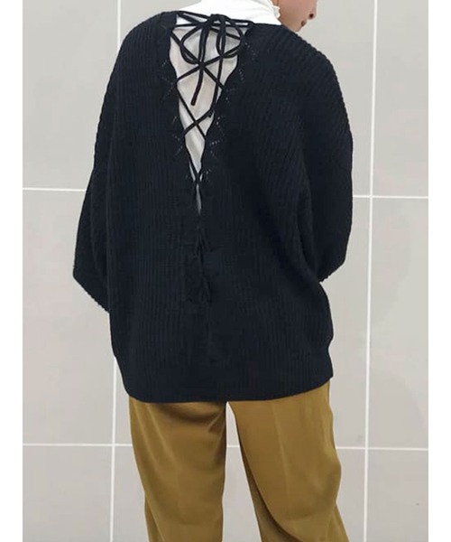 ehka sopo（エヘカソポ）の「バックレースアップニット（ニット/セーター・レディース・グリーン/オフホワイト/ブラック/ラベンダー・ﾌﾘ-）」の2枚目の写真