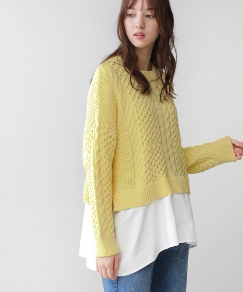 Bou Jeloud（ブージュルード）の「布帛ドッキングケーブルニットチュニック（ニット/セーター・レディース・チャコールグレー/オフホワイト/イエロー/グリーン・FREE）」の4枚目の写真