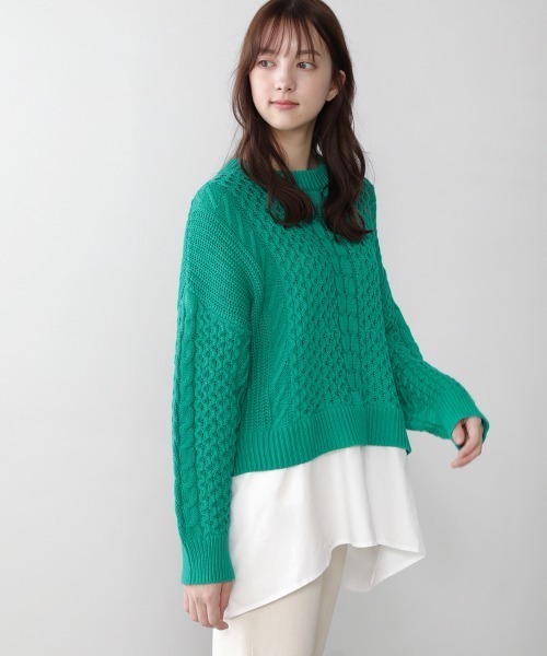 Bou Jeloud（ブージュルード）の「布帛ドッキングケーブルニットチュニック（ニット/セーター・レディース・チャコールグレー/オフホワイト/イエロー/グリーン・FREE）」の3枚目の写真