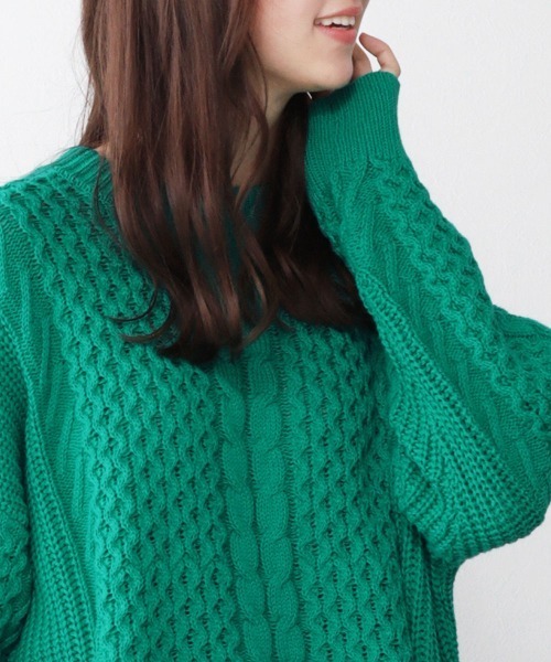 Bou Jeloud（ブージュルード）の「布帛ドッキングケーブルニットチュニック（ニット/セーター・レディース・チャコールグレー/オフホワイト/イエロー/グリーン・FREE）」の14枚目の写真