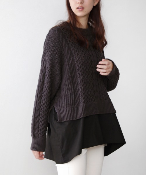 Bou Jeloud（ブージュルード）の「布帛ドッキングケーブルニットチュニック（ニット/セーター・レディース・チャコールグレー/オフホワイト/イエロー/グリーン・FREE）」の17枚目の写真