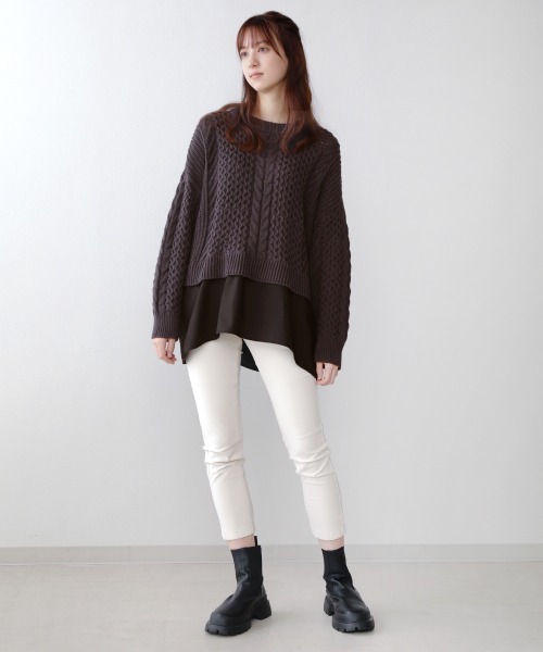 Bou Jeloud（ブージュルード）の「布帛ドッキングケーブルニットチュニック（ニット/セーター・レディース・チャコールグレー/オフホワイト/イエロー/グリーン・FREE）」の5枚目の写真