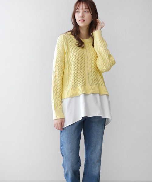 Bou Jeloud（ブージュルード）の「布帛ドッキングケーブルニットチュニック（ニット/セーター・レディース・チャコールグレー/オフホワイト/イエロー/グリーン・FREE）」の6枚目の写真