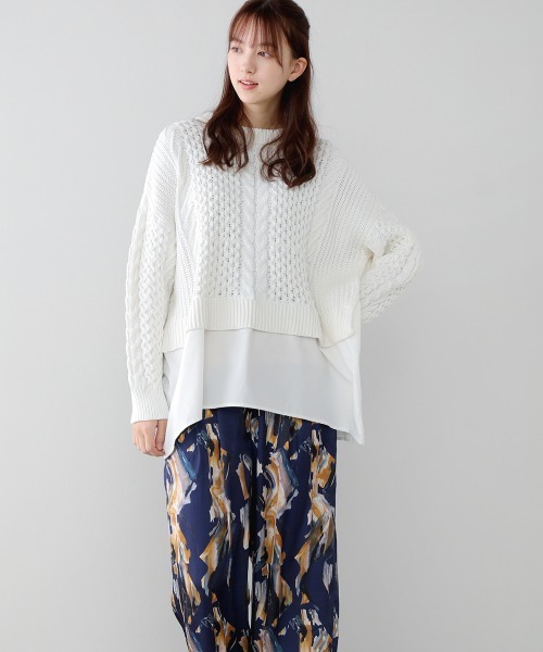 Bou Jeloud（ブージュルード）の「布帛ドッキングケーブルニットチュニック（ニット/セーター・レディース・チャコールグレー/オフホワイト/イエロー/グリーン・FREE）」の10枚目の写真