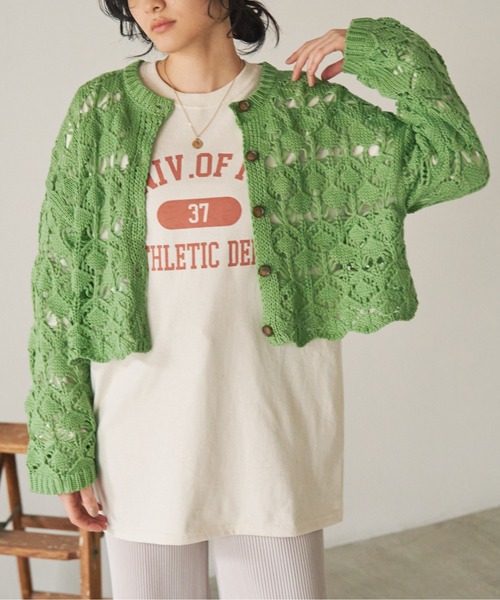 ANGIE（アンジー）の「透かし編み2WAYショートニットカーディガン（カーディガン/ボレロ・レディース・グリーン/アイボリー/ブルー/ブラック/ライム・FREE）」の4枚目の写真