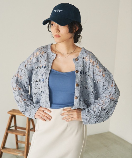 ANGIE（アンジー）の「透かし編み2WAYショートニットカーディガン（カーディガン/ボレロ・レディース・グリーン/アイボリー/ブルー/ブラック/ライム・FREE）」の21枚目の写真