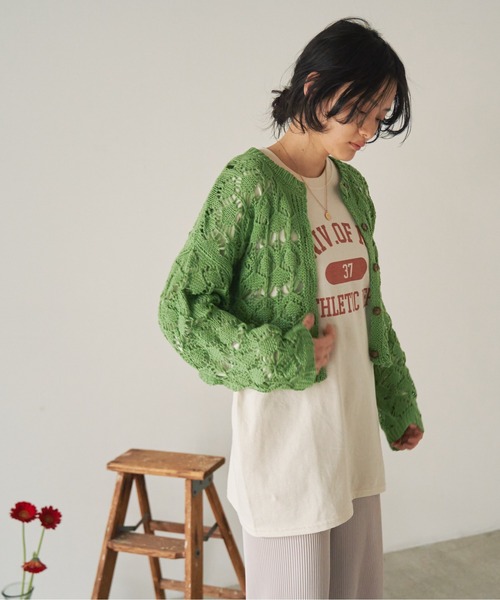 ANGIE（アンジー）の「透かし編み2WAYショートニットカーディガン（カーディガン/ボレロ・レディース・グリーン/アイボリー/ブルー/ブラック/ライム・FREE）」の9枚目の写真