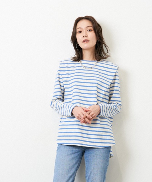 HERENCIA(ヘレンチア)の「ショルダー タック デザイン ボーダー ロングスリーブ(Tシャツ/カットソー・レディース・ホワイト×ピンク/ホワイト×ブルー/ブラック×ホワイト/ホワイト×ブラック/ブラウン系その他・MEDIUM)」の1枚目の写真