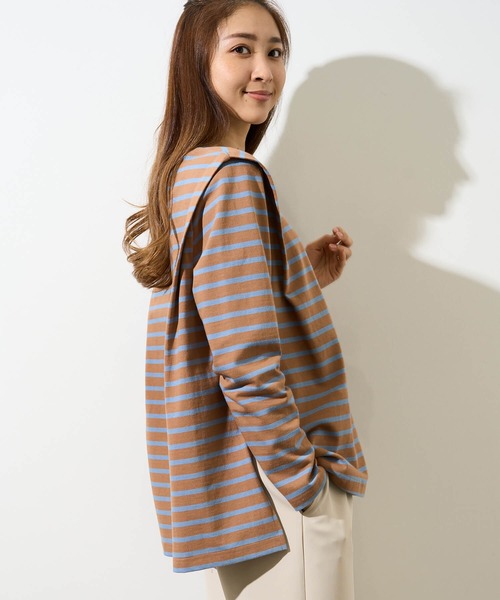 HERENCIA(ヘレンチア)の「ショルダー タック デザイン ボーダー ロングスリーブ(Tシャツ/カットソー・レディース・ホワイト×ピンク/ホワイト×ブルー/ブラック×ホワイト/ホワイト×ブラック/ブラウン系その他・MEDIUM)」の5枚目の写真