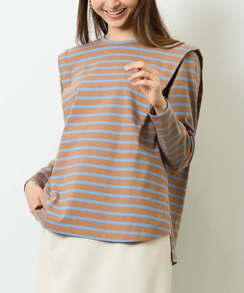 HERENCIA(ヘレンチア)の「ショルダー タック デザイン ボーダー ロングスリーブ(Tシャツ/カットソー・レディース・ホワイト×ピンク/ホワイト×ブルー/ブラック×ホワイト/ホワイト×ブラック/ブラウン系その他・MEDIUM)」の10枚目の写真