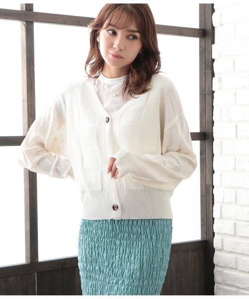 CHILLE(チル)の「ブロック柄サマーニットカーディガン(カーディガン/ボレロ・レディース・アイボリー/オレンジ/ブラック・FREE)」の2枚目の写真