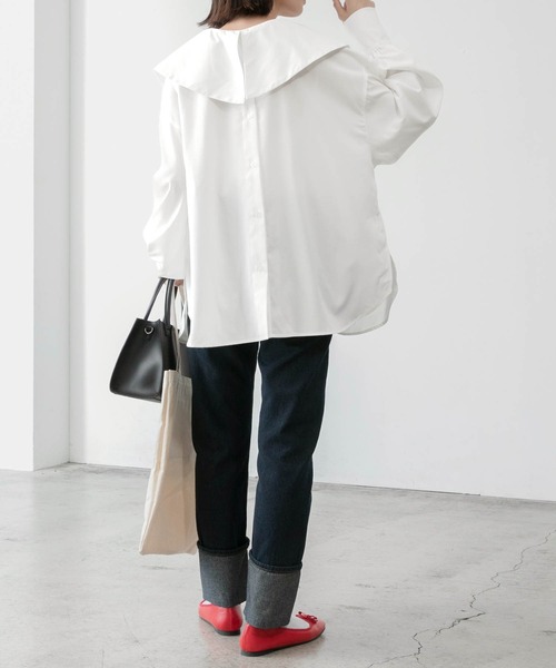 BONLECILL（ボンルシール）の「ボリュームスリーブ 2wayビッグカラーシャツ（シャツ/ブラウス・レディース・オフホワイト/ブルー/ブラック/サックスブルー/ピンク/ブラック系1・FREE）」の13枚目の写真