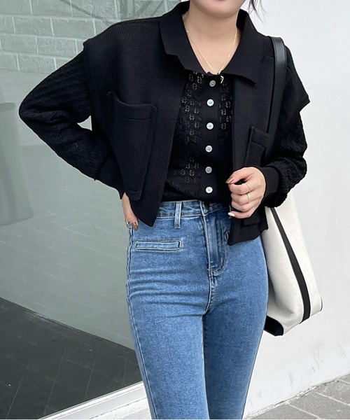 emi+(エミプラス)の「レディース ショートベスト+透かし網ニットトップス アンサンブル セット(シャツ/ブラウス・レディース・チャコールグレー/ブラック/アイボリー/カーキ・FREE)」の5枚目の写真