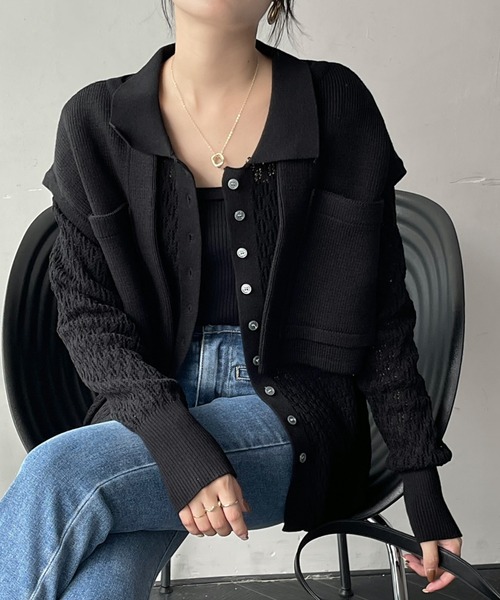 emi+(エミプラス)の「レディース ショートベスト+透かし網ニットトップス アンサンブル セット(シャツ/ブラウス・レディース・チャコールグレー/ブラック/アイボリー/カーキ・FREE)」の15枚目の写真