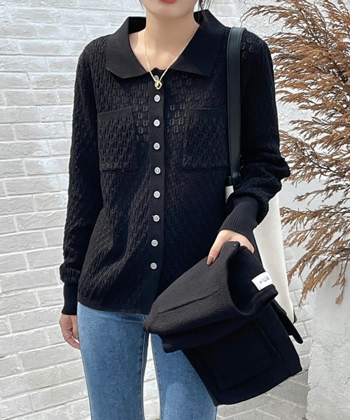 emi+(エミプラス)の「レディース ショートベスト+透かし網ニットトップス アンサンブル セット(シャツ/ブラウス・レディース・チャコールグレー/ブラック/アイボリー/カーキ・FREE)」の10枚目の写真