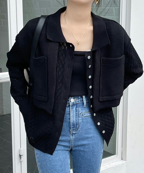 emi+(エミプラス)の「レディース ショートベスト+透かし網ニットトップス アンサンブル セット(シャツ/ブラウス・レディース・チャコールグレー/ブラック/アイボリー/カーキ・FREE)」の18枚目の写真