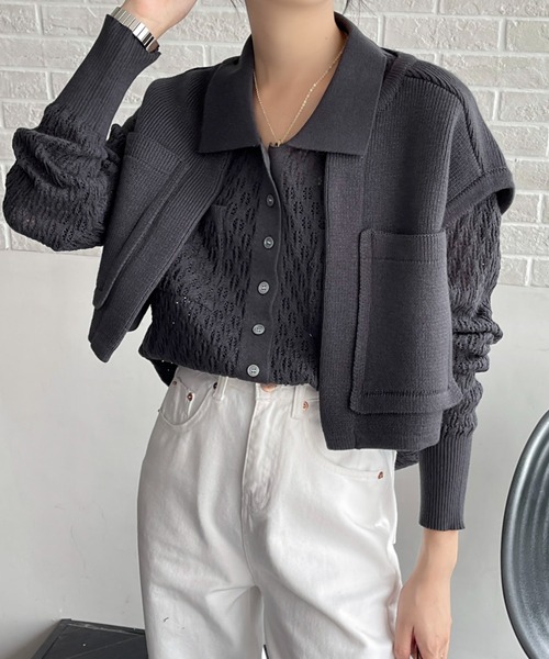 emi+(エミプラス)の「レディース ショートベスト+透かし網ニットトップス アンサンブル セット(シャツ/ブラウス・レディース・チャコールグレー/ブラック/アイボリー/カーキ・FREE)」の21枚目の写真