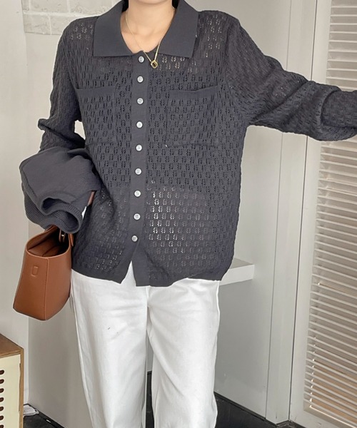 emi+(エミプラス)の「レディース ショートベスト+透かし網ニットトップス アンサンブル セット(シャツ/ブラウス・レディース・チャコールグレー/ブラック/アイボリー/カーキ・FREE)」の13枚目の写真