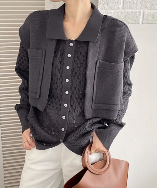 emi+(エミプラス)の「レディース ショートベスト+透かし網ニットトップス アンサンブル セット(シャツ/ブラウス・レディース・チャコールグレー/ブラック/アイボリー/カーキ・FREE)」の8枚目の写真