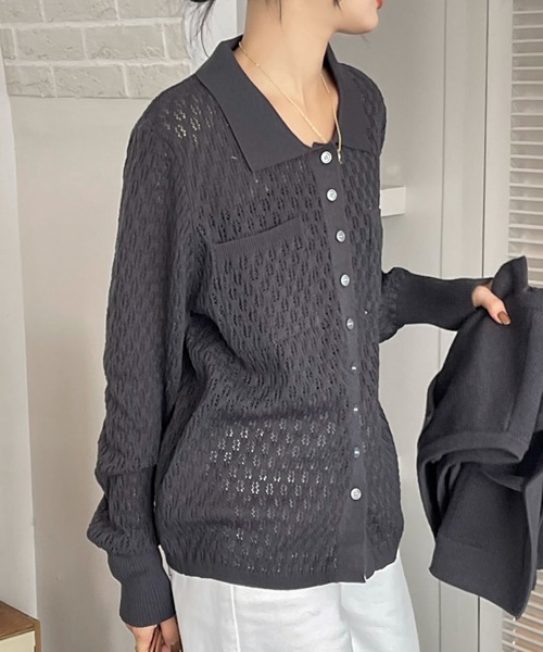 emi+(エミプラス)の「レディース ショートベスト+透かし網ニットトップス アンサンブル セット(シャツ/ブラウス・レディース・チャコールグレー/ブラック/アイボリー/カーキ・FREE)」の6枚目の写真