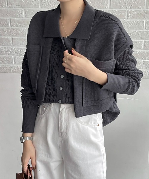 emi+(エミプラス)の「レディース ショートベスト+透かし網ニットトップス アンサンブル セット(シャツ/ブラウス・レディース・チャコールグレー/ブラック/アイボリー/カーキ・FREE)」の16枚目の写真