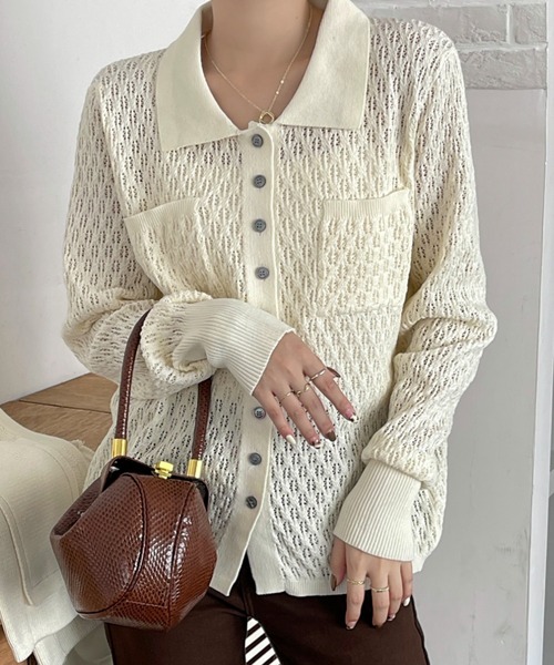 emi+(エミプラス)の「レディース ショートベスト+透かし網ニットトップス アンサンブル セット(シャツ/ブラウス・レディース・チャコールグレー/ブラック/アイボリー/カーキ・FREE)」の11枚目の写真