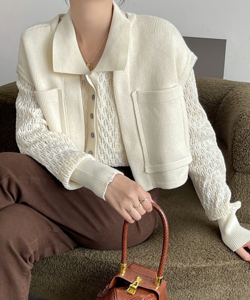 emi+(エミプラス)の「レディース ショートベスト+透かし網ニットトップス アンサンブル セット(シャツ/ブラウス・レディース・チャコールグレー/ブラック/アイボリー/カーキ・FREE)」の9枚目の写真