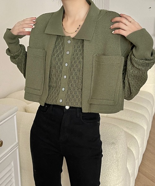 emi+(エミプラス)の「レディース ショートベスト+透かし網ニットトップス アンサンブル セット(シャツ/ブラウス・レディース・チャコールグレー/ブラック/アイボリー/カーキ・FREE)」の17枚目の写真