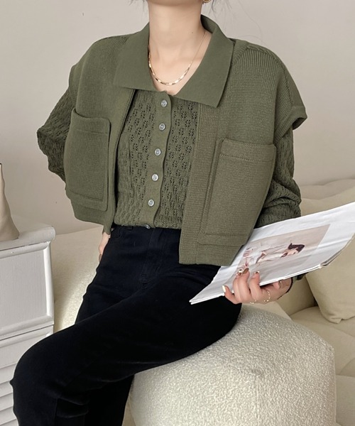 emi+(エミプラス)の「レディース ショートベスト+透かし網ニットトップス アンサンブル セット(シャツ/ブラウス・レディース・チャコールグレー/ブラック/アイボリー/カーキ・FREE)」の20枚目の写真