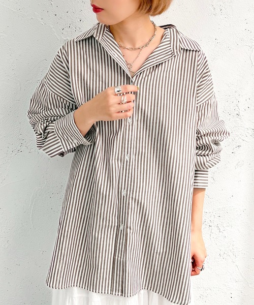 apres jour mignon(アプレジュールミニョン)の「ストライプルーズシャツ【ZOZOTOWN限定アイテム】(シャツ/ブラウス・レディース・ダークブラウン/グリーン/ネイビー・フリー/X-LARGE)」の6枚目の写真