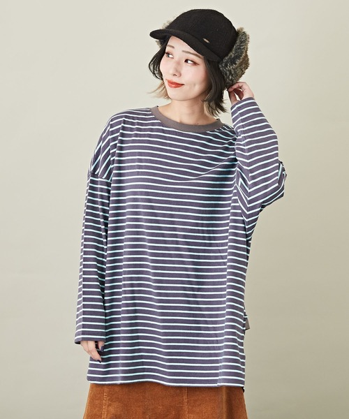 CUBE SUGAR(キューブシュガー)の「ボーダーカットソー長袖クルーネックビッグTシャツ(Tシャツ/カットソー・レディース・ホワイト/ネイビー/レッド/オレンジ/マルチ・M)」の3枚目の写真