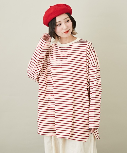 CUBE SUGAR(キューブシュガー)の「ボーダーカットソー長袖クルーネックビッグTシャツ(Tシャツ/カットソー・レディース・ホワイト/ネイビー/レッド/オレンジ/マルチ・M)」の4枚目の写真