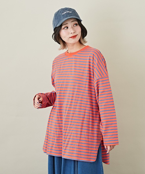 CUBE SUGAR(キューブシュガー)の「ボーダーカットソー長袖クルーネックビッグTシャツ(Tシャツ/カットソー・レディース・ホワイト/ネイビー/レッド/オレンジ/マルチ・M)」の1枚目の写真