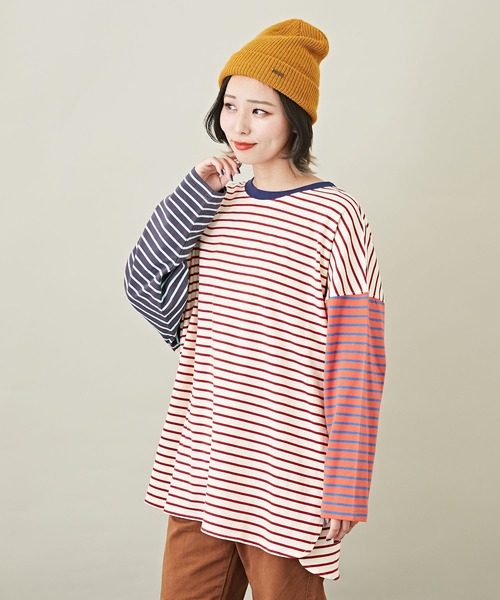 CUBE SUGAR(キューブシュガー)の「ボーダーカットソー長袖クルーネックビッグTシャツ(Tシャツ/カットソー・レディース・ホワイト/ネイビー/レッド/オレンジ/マルチ・M)」の5枚目の写真