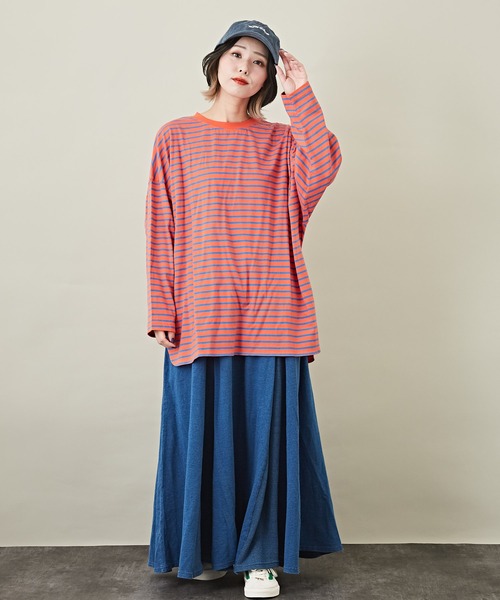 CUBE SUGAR(キューブシュガー)の「ボーダーカットソー長袖クルーネックビッグTシャツ(Tシャツ/カットソー・レディース・ホワイト/ネイビー/レッド/オレンジ/マルチ・M)」の17枚目の写真