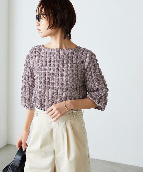 forksy.(フォルクシー)の「【forksy.】シャーリングチェック半袖カットソー(Tシャツ/カットソー・レディース・ピンク/ホワイト×ブラック/アイボリー/ブラック/ライトブルー・FREE)」の5枚目の写真