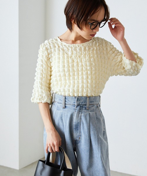 forksy.(フォルクシー)の「【forksy.】シャーリングチェック半袖カットソー(Tシャツ/カットソー・レディース・ピンク/ホワイト×ブラック/アイボリー/ブラック/ライトブルー・FREE)」の2枚目の写真