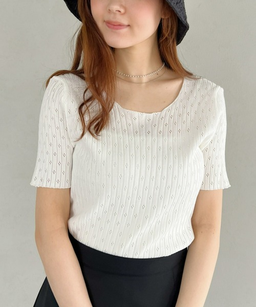 Loueme（ルエム）の「【23S/S】透かし編みサマーリブトップス（Tシャツ/カットソー・レディース・ホワイト/ライトブルー/ブラック・FREE）」の2枚目の写真
