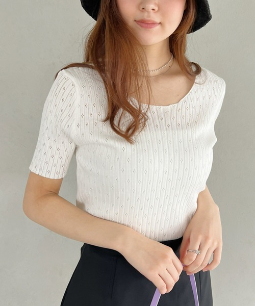 Loueme（ルエム）の「【23S/S】透かし編みサマーリブトップス（Tシャツ/カットソー・レディース・ホワイト/ライトブルー/ブラック・FREE）」の6枚目の写真
