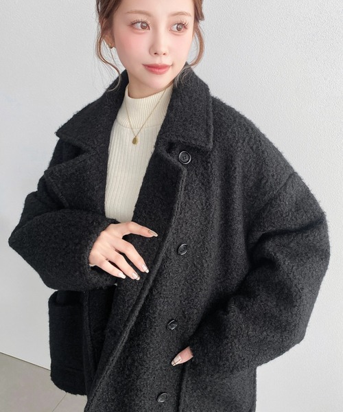 極美品✨️リミフゥ ピーコート S ブラック ポケット変形 ショート丈 ウール SHIPS any: ウール ミックス コクーン ショート Pコート（ピーコート