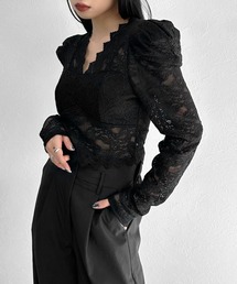 LVEU. | 【LVEU.】パフショルダーシースルーレーストップス(パッド付) / トップス カットソー レース パフショルダー パフショル シースルー シアー パット ブラック(Tシャツ/カットソー)