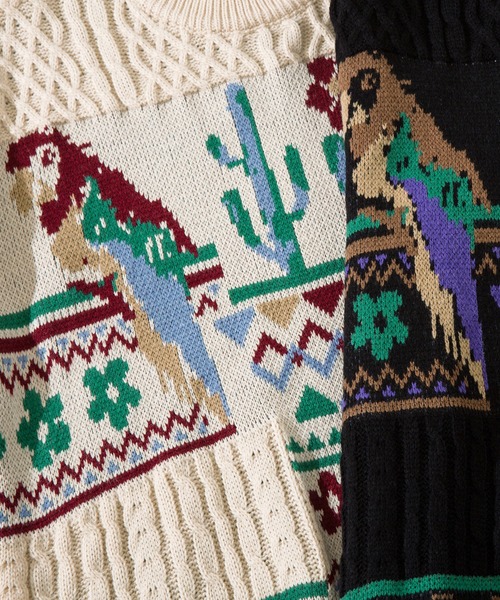 【セール】HOOK -original- 古着風 レトロ調メキシコパッチワーク模様ニット風スウェット（ニット/セーター）｜HOOK（フック）