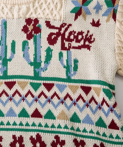 【セール】HOOK -original- 古着風 レトロ調メキシコパッチワーク模様ニット風スウェット（ニット/セーター）｜HOOK（フック）