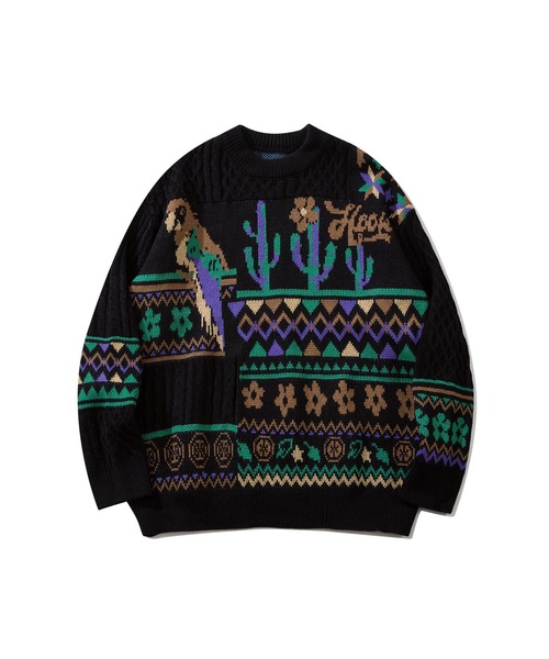 【セール】HOOK -original- 古着風 レトロ調メキシコパッチワーク模様ニット風スウェット（ニット/セーター）｜HOOK（フック）