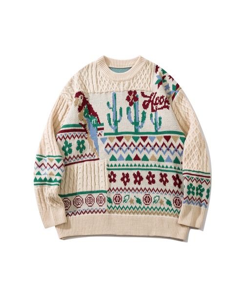【セール】HOOK -original- 古着風 レトロ調メキシコパッチワーク模様ニット風スウェット（ニット/セーター）｜HOOK（フック）
